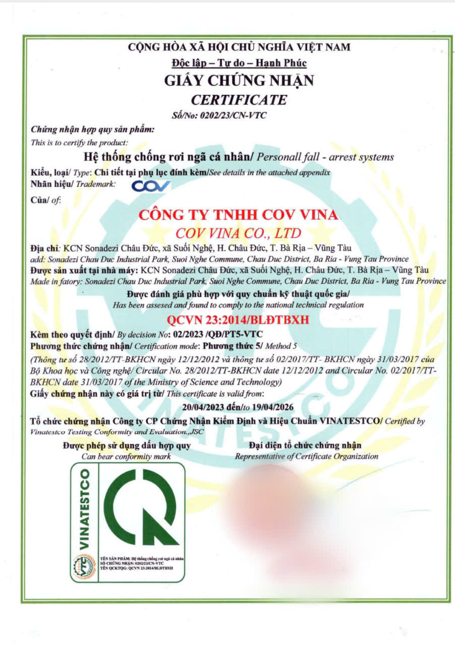 Hợp quy sản phẩm hệ thống chống rơi ngã cá nhân COV